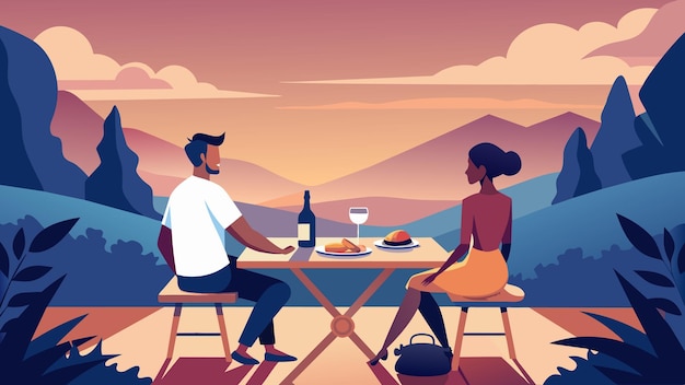 Vector a couple sits at a small table decorated with a floral tablecloth savoring a romantic picnic for two