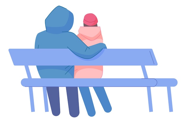 Vector couple sitting on bench in winter season back view