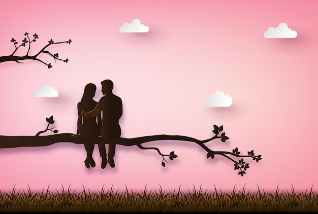 Couple sitting on a branch .  Paper cut illustration of Love and Valentine day.