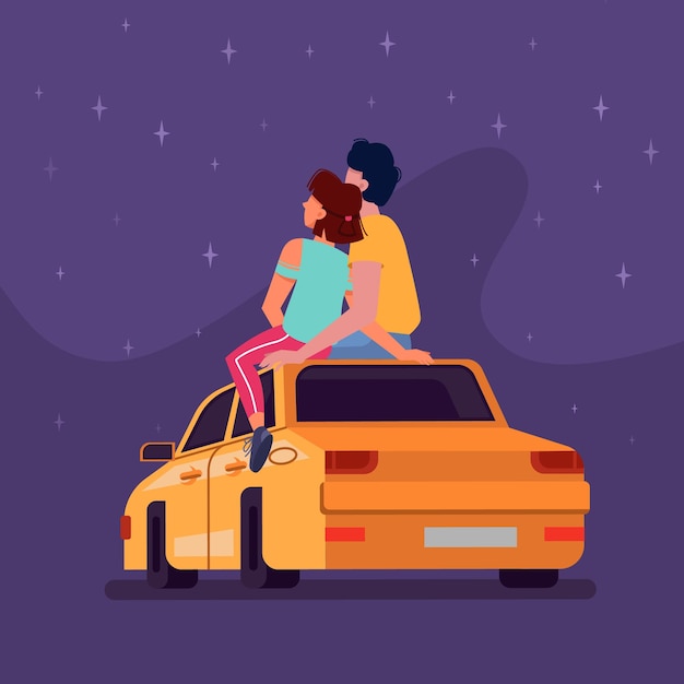 Couple sitting on car roof at night looking at stars