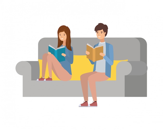 Couple sitting on chair with book in hands