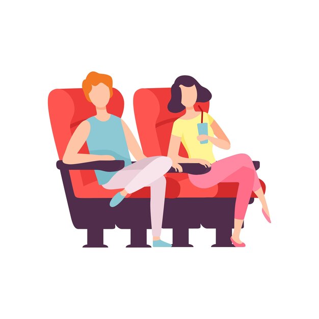 Couple Sitting in Cinema Theatre and Watching Movie Young Man and Woman Looking at Projection Screen in Cinema Hall Vector Illustration on White Background