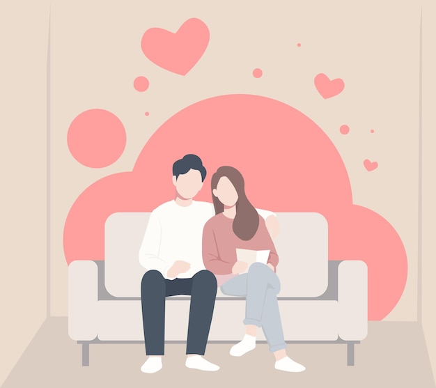Vector couple sitting on couch soft color illistration with love shape