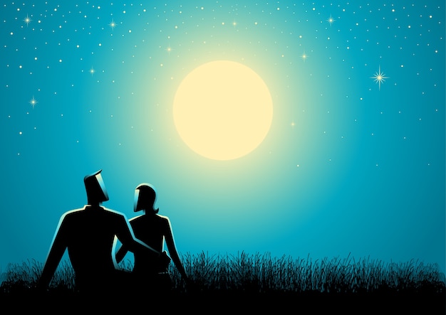 Couple sitting on grass watching the full moon