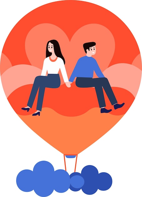 Пара сидит в сердечном воздушном шаре в плоском стиле изолированный на фоне