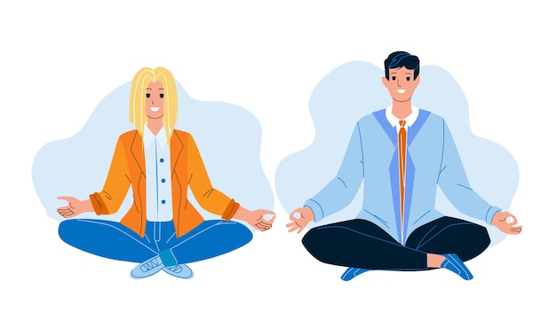 Couple sitting in lotus yoga pose together vector. young man\
and woman enjoying in lotus yoga pose, training exercise.\
characters recreation and relaxation flat cartoon illustration