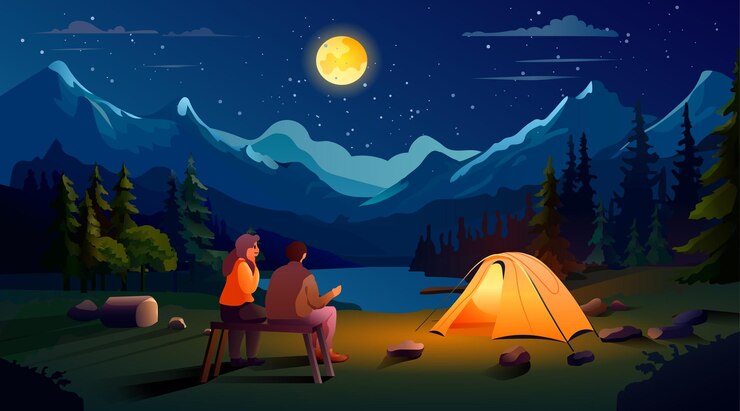 Vector couple sitting near tent camping area night campsite summer camp travel vacation concept mountains landscape