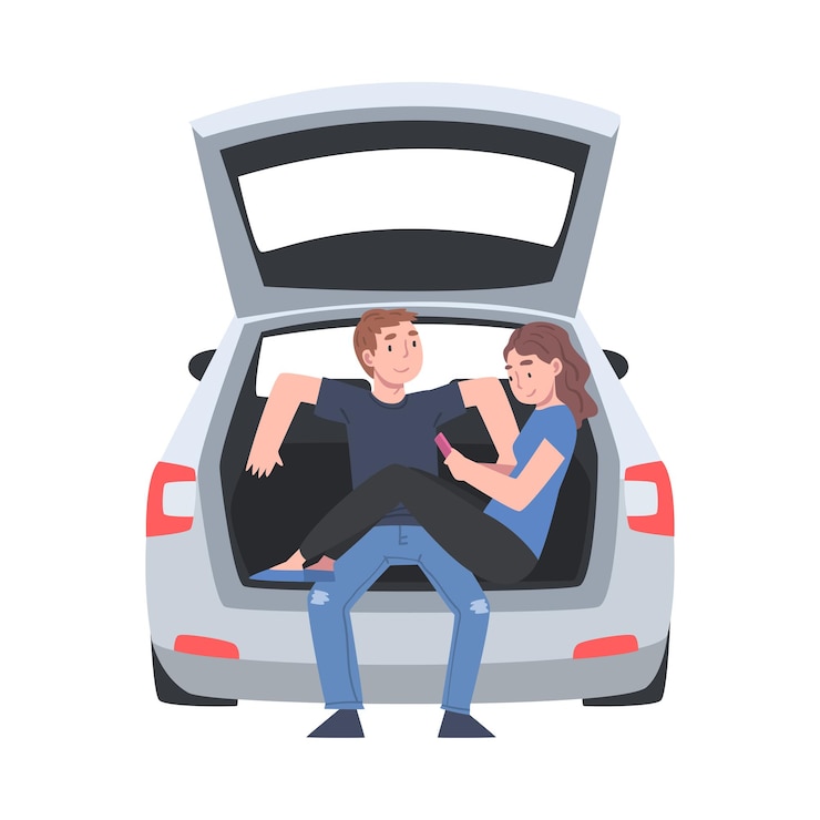 Vector couple sitting in open car trunk taking picture vector illustration