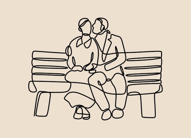 Couple sitting on park bench oneline continuous single line art