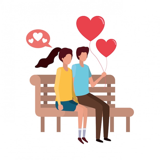 Couple sitting on park chair with hearts character