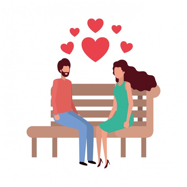 Vector couple sitting on park chair with hearts character