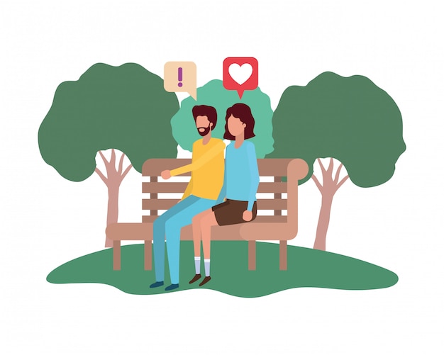 Vector couple sitting on park chair with speech bubbles