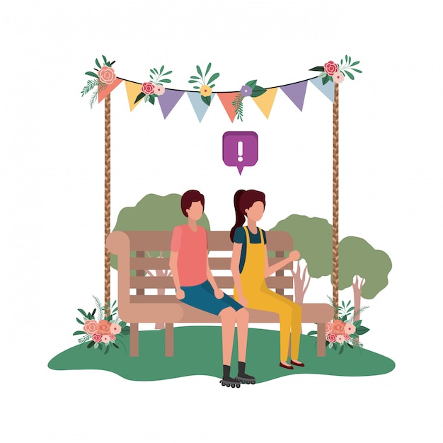 Couple sitting on park chair with speech bubbles