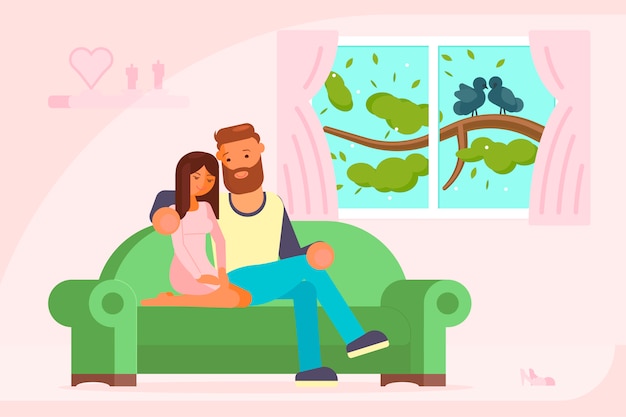 Couple sitting on sofa flat illustration