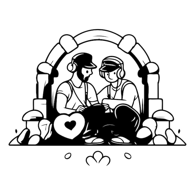 Couple sitting on the stone in the park Vector illustration