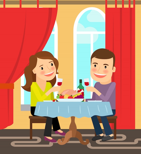 Vector couple sitting at table celebrating