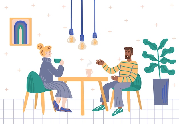 Couple sitting at a table in coffee shop Man and woman talking at a cafe Simple flat vector illustration