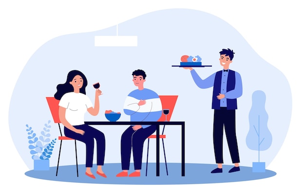 Couple sitting at table in restaurant eating food and drinking wine. waiter carrying order to clients flat vector illustration. date, service concept for banner, website design or landing web page