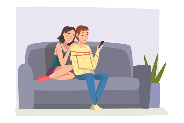 Couple Sitting Together on Sofa Cute Male and Female Characters Spending Time Indoors Staying at Home Vector Illustration