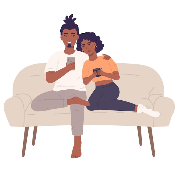 Vector couple sitting together on sofa and wathcing smartphone