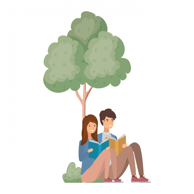 Couple sitting with book in landscape with trees and plants