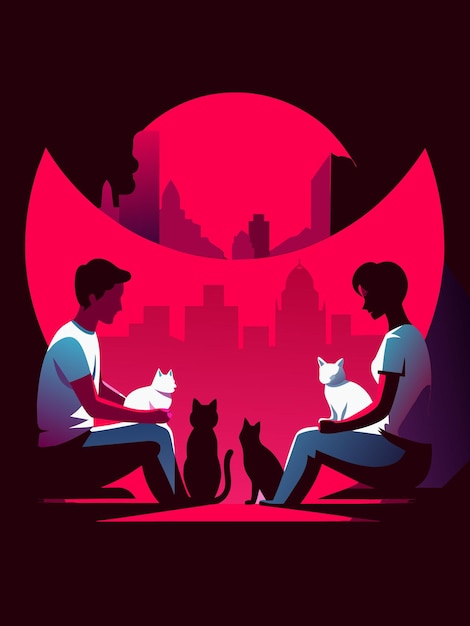 couple sitting with pets in the night