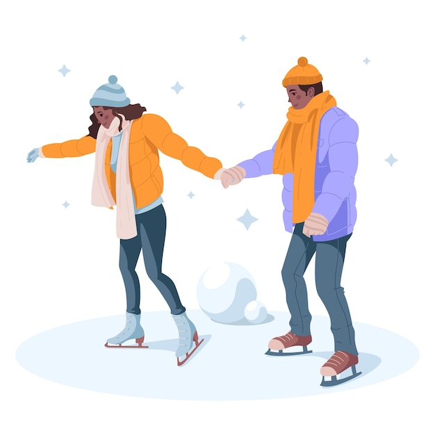 Vettore coppia che pattina su una pista di pattinaggio sul ghiaccio nel parco e gioca a palle di neve. illustrazione vettoriale