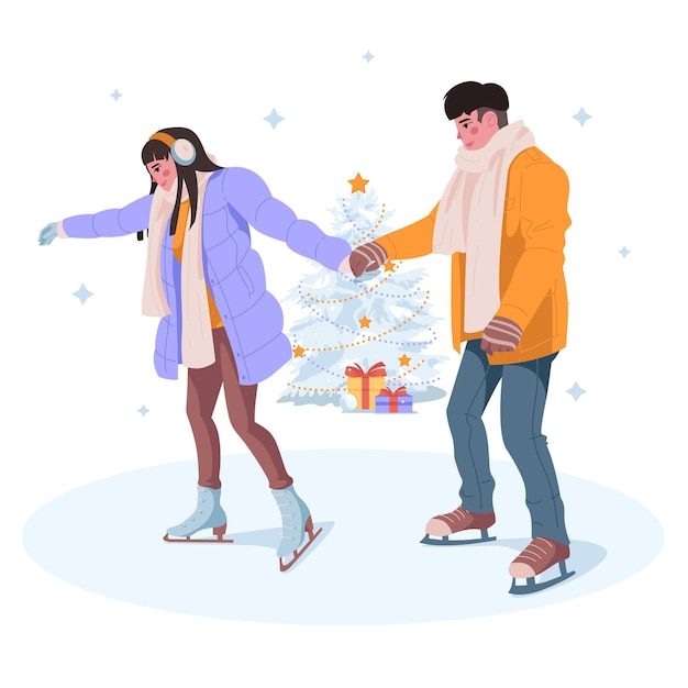 ベクトル 雪のクリスマス ツリーと公園のアイス スケート リンクでスケートのカップル。ベクトル図