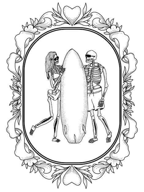 Вектор Скелет пара с доской для серфинга в рамке орнамента