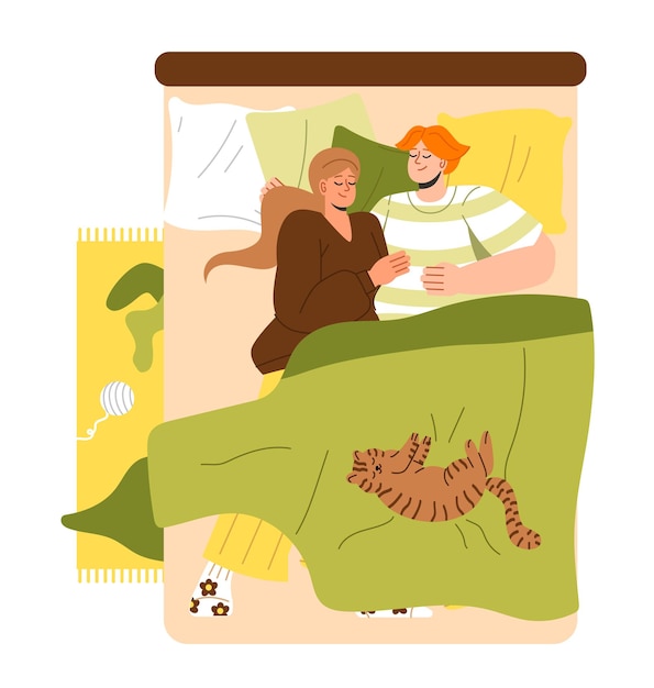 Couple sleeping with cat concept