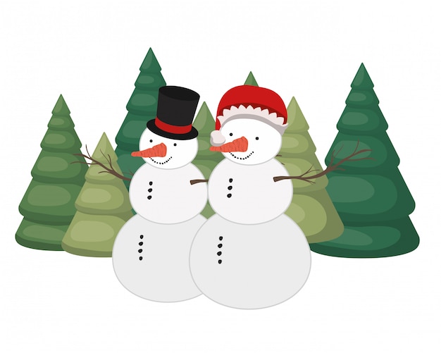 Couple of snowman and pine trees