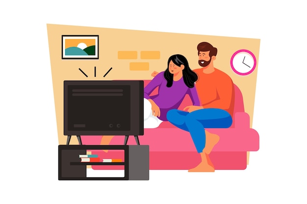 Vector a couple spends the day relaxing at home watching their favorite movies