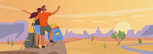 ベクトル 夕日を見ながら砂漠の砂岩の上に立っているカップル。砂漠の観光ベクトル図。