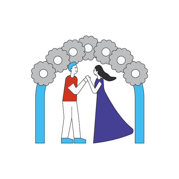 Vector couple stands under romantic decoration