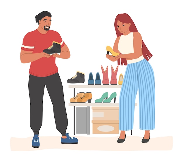 Vector couple in store choosing shoes vector illustration