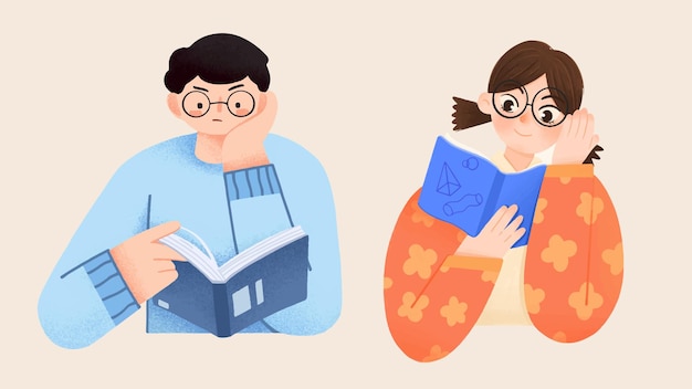 Vector couple study at home holding a book