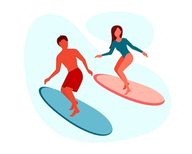 Couple surfing on boats on vacation Girl and boy doing water sport together on summer holidays