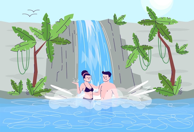 ベクトル 滝のフラット落書きイラストで泳ぐカップル。自然の温水プールの観光客。滝の風景。エキゾチックな国。商業用のアウトラインを持つインドネシアの観光2d漫画のキャラクター