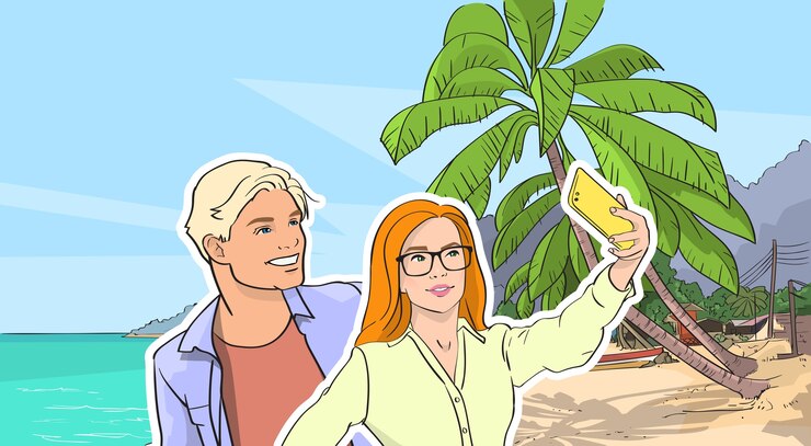 Vector 몇 걸릴 selfie 사진 해변 바다 해안
