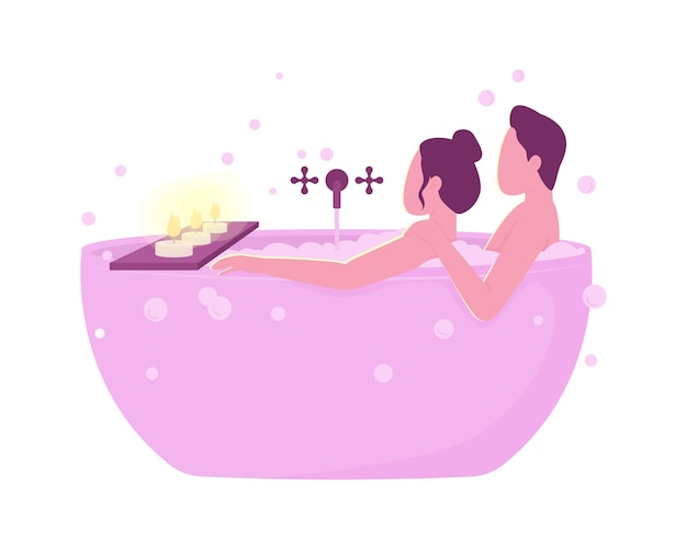 Vector couple taking bath semi flat color vector characters. interacting figures. full body people on white. hygge lifestyle isolated modern cartoon style illustration for graphic design and animation