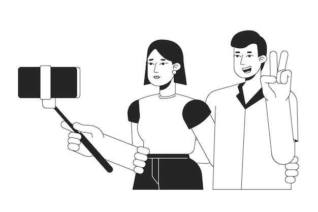 Couple taking selfie bw vector spot illustration