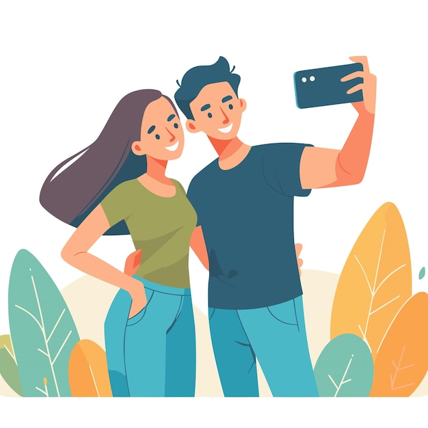 Vector couple taking a selfie vector illustrations on white background