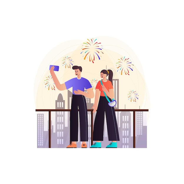 Vector couple taking selfies on new years eve