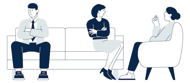 Couple therapy man and woman sit on sofa and talking with psychologist