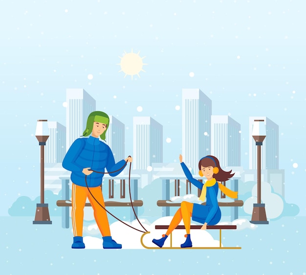 Couple together man and woman, young man rides girl on sled