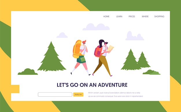 Vector couple tourist character with backpack go hiking on route in forest landing page. nature summer park outdoor camping. active rest concept website or web page. flat cartoon vector illustration