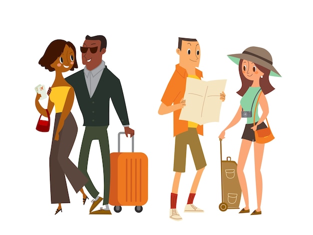 Vector couple tourist traveler with map and luggage. isolated  cartoon illustration.