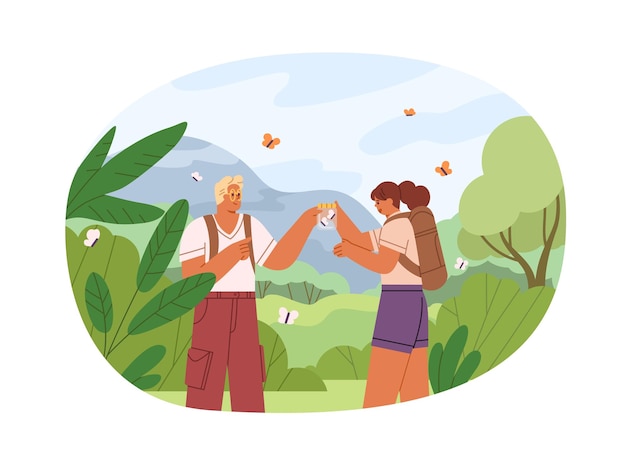 Vector couple of tourists travel in nature on holidays. hikers with backpacks during adventure. man present butterfly in jar to woman at summer journey. flat vector illustration isolated on white background.