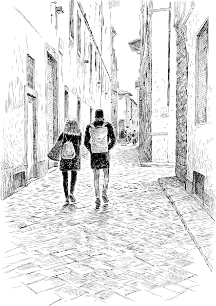 A couple of townspeople walking in the old town