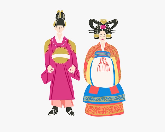 Vector couple in traditional korean wedding dresses wear korean hanbok costume